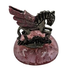 Vintage 1990s Pewter Pegasus Figurine On Polished Stone Base Pink Silver
